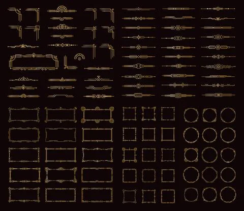 Art deco frame and divider set, victorian style beautiful golden decoration Stock Illustration