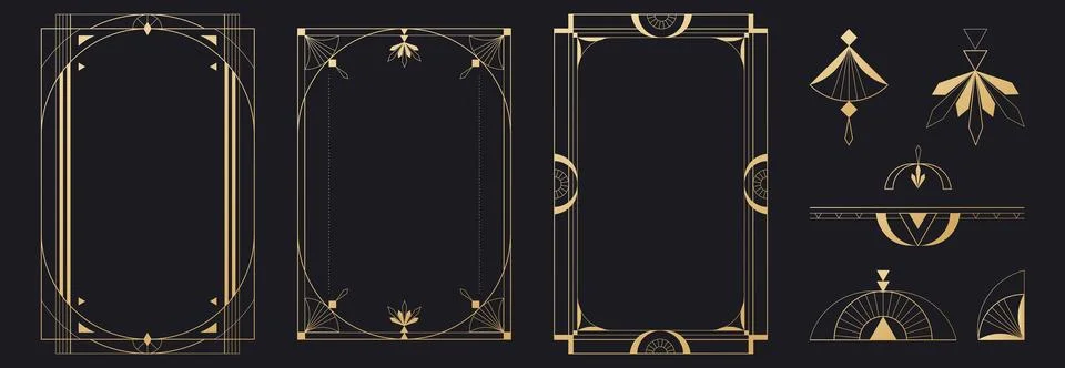 Art deco frame set with geometric golden borders Stock Illustration