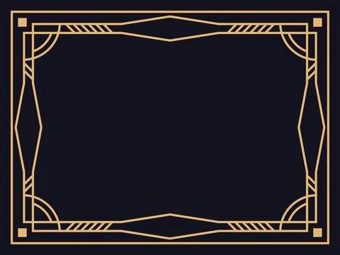 Art deco frame. Vintage linear border in gold color on a black background. .. Illustrazione stock