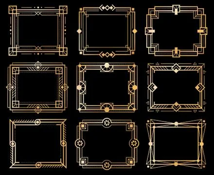 Art deco frames. Gold deco image frame borders, golden geometry line patterns Stock Illustration