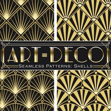 Art-Deco gold seamless patterns, shells Stock Illustration