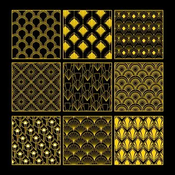 Art deco golden patterns collection black background Ilustração Stock