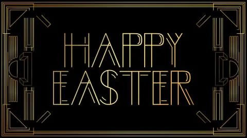 Art Deco Happy Easter text. Golden decorative greeting card, sign with vintag Stock Illustration