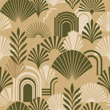 Art Deco Inspired Seamless Pattern with Geometric Fan and Arch Motifs in Ea.. 库存插图