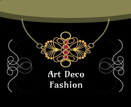 Art deco necklace with ruby pendant, isolated object on black background, art Stock Illustration