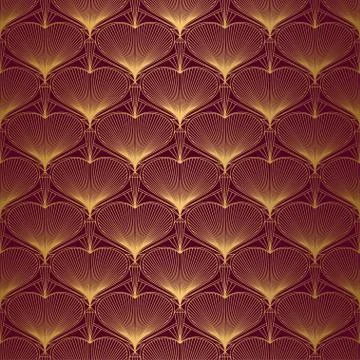 Art Deco Pattern from hearts. Seamless gold and red background Stock Illustration