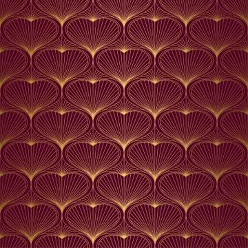 Art Deco Pattern from hearts. Seamless gold and red background Stock Illustration