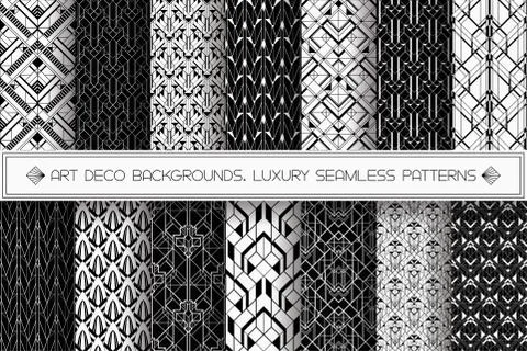 Art Deco patterns set. Vector black white backgrounds Stock Illustration