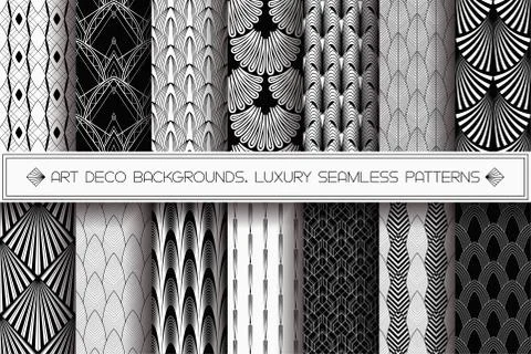 Art Deco patterns set. Vector black white backgrounds Stock Illustration