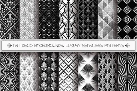 Art Deco patterns set. Vector black white backgrounds Stock Illustration