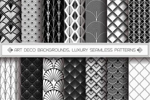 Art Deco patterns set. Vector black white backgrounds Stock Illustration
