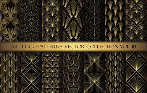 Art Deco Patterns set. Vector backgrounds in 1920s style. Gold black texture Illustrazione stock