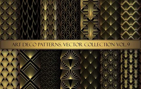 Art Deco Patterns set. Vector backgrounds in 1920s style. Gold black texture Stock Illustration