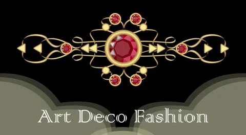 Art deco ruby brooch. Filigree golden jewel in victorian style. Expensive Stock Illustration