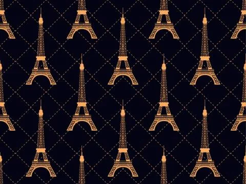 Art deco seamless pattern with eiffel tower. Gold color. Places of interest i Stock Illustration