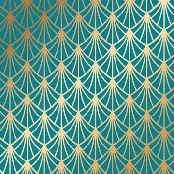 Art deco seamless pattern in gold color on an isolated dark turquoise backgro Illustrazione stock