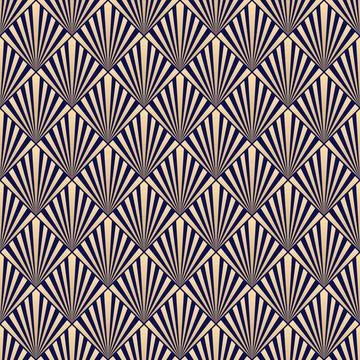 Art deco seamless pattern with golden sunburst on blue background Stock Illustration