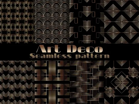 Art deco seamless pattern. Set retro backgrounds, gold and black color. Sty.. Stock Illustration