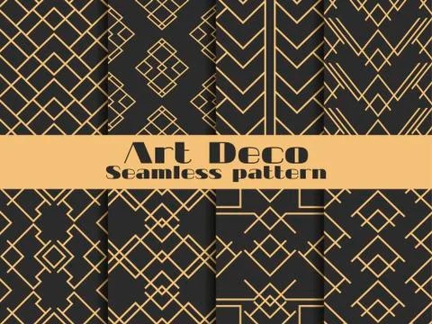 Art deco seamless pattern. Set retro backgrounds, gold and black color. Style Stock Illustration