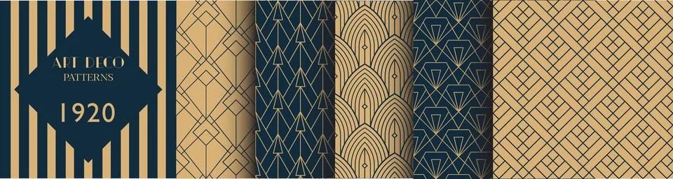 Art Deco Seamless Patterns Collection Gold Black Geometric 1920 Stock Illustration