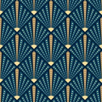 Art deco seamless vector pattern with fan shapes and polka dots in blue, mu.. Stock Illustration