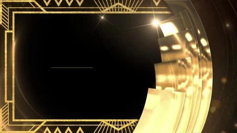 Art deco style golden frame with glowing light particles and rotating geometric Video stock 345781753