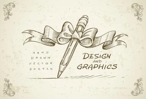 Art design graphics sketch concept with hand drawn pencil ribbon and bow Stock Illustration