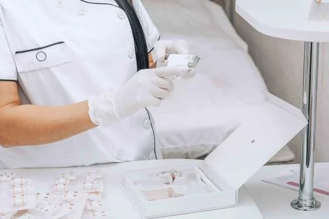 The Art of Ear Piercing, use of specialized equipment in cosmetic treatments Stock Photos