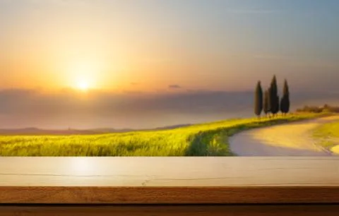 Art Empty wooden deck table on traditional italian rural landscape background Stock Photos