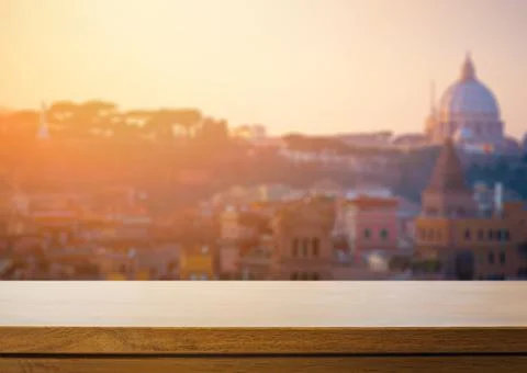 Art Empty wooden deck table over blurred italian landscape background. Stock Photos