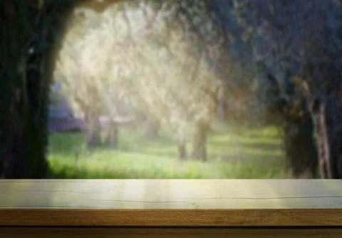 Art Empty wooden deck table on blurred sunny olive garden background. Outdoor Stock Photos