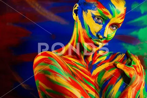 Art fashion makeup and body painting . Color face of woman for inspiration Stock Photos