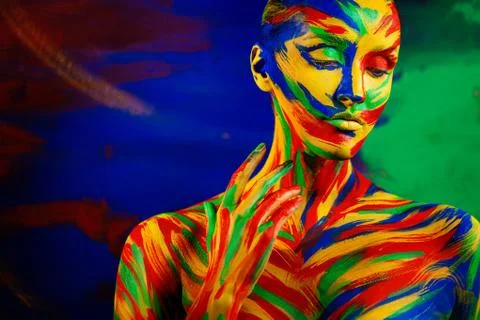Art fashion makeup and body paint. Color face of woman for inspiration. Abstract Stock Photos