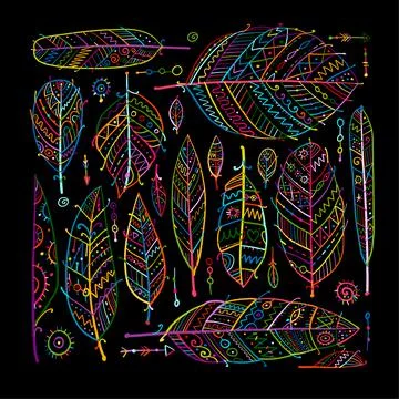 Art feathers collection, seamless pattern for your design Stock Illustration