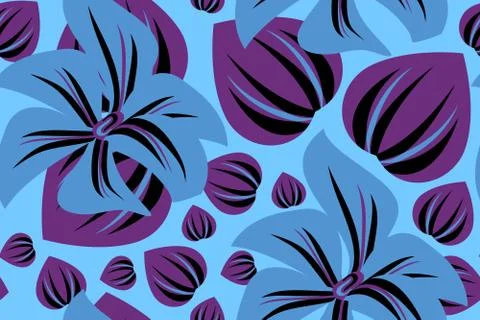 Art floral vector seamless pattern. Blue flowers with purple leaves. Stock Illustration