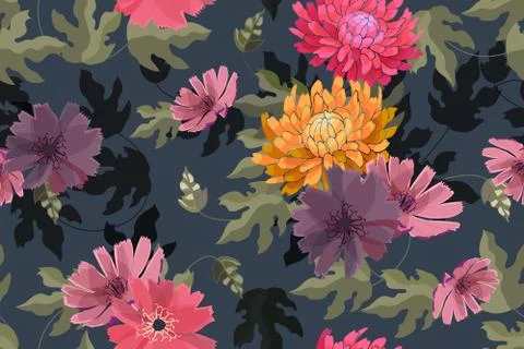 Art floral vector seamless pattern. Autumn asters, chrysanthemums. Stock Illustration