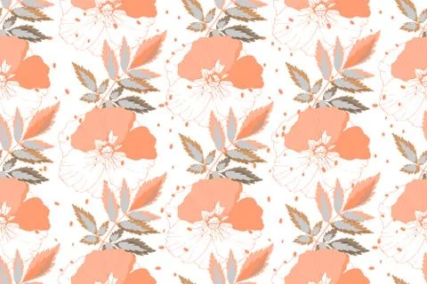 Art floral vector seamless pattern. Coral color flowers. Stock Illustration