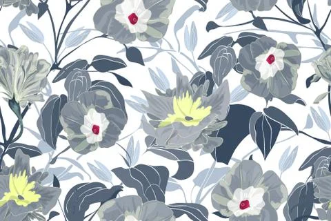 Art floral vector seamless pattern. Grey morning glory flowers. Stock Illustration