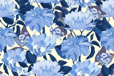 Art floral vector seamless pattern. Blue asters, dahlias, chrysanthemums. Stock Illustration