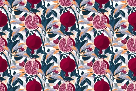 Art floral vector seamless pattern. Pomegranate tree with maroon fruits. Stock Illustration