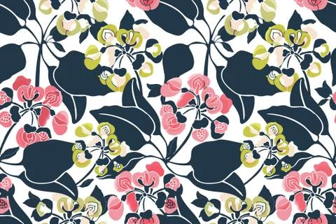 Art floral vector seamless pattern. Pink, yellow, green small flowers. Stock Illustration