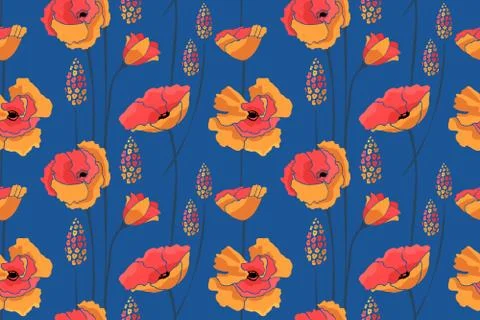 Art floral vector seamless pattern. Red, yellow flowers. Stock Illustration