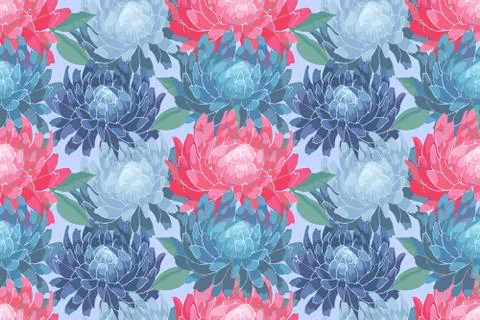Art floral vector seamless pattern. Pink, blue asters, chrysanthemums. Stock Illustration