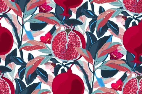 Art floral vector seamless pattern. Pomegranate tree. Stock Illustration