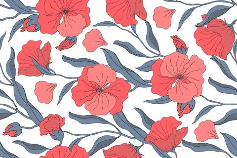 Art floral vector seamless pattern. Red flowers, buds with blue branches, leaves Stock Illustration