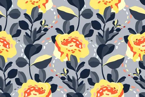 Art floral vector seamless pattern. Yellow, red flowers, grey leaves isolated on Stock Illustration