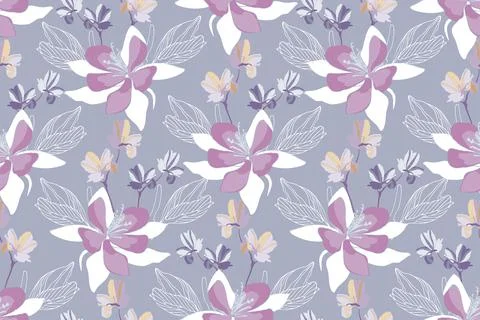 Art floral vector seamless pattern. Light purple, white vector flowers, twigs Stock Illustration