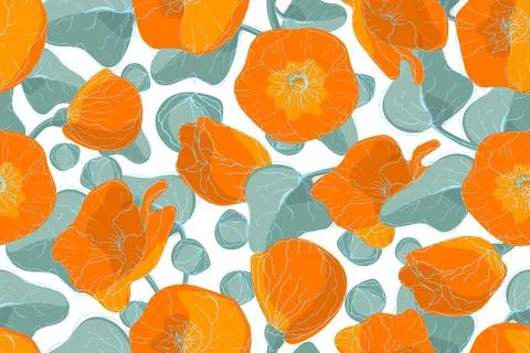 Art floral vector seamless pattern. Sketch of flowers. Orange color mallow Stock Illustration