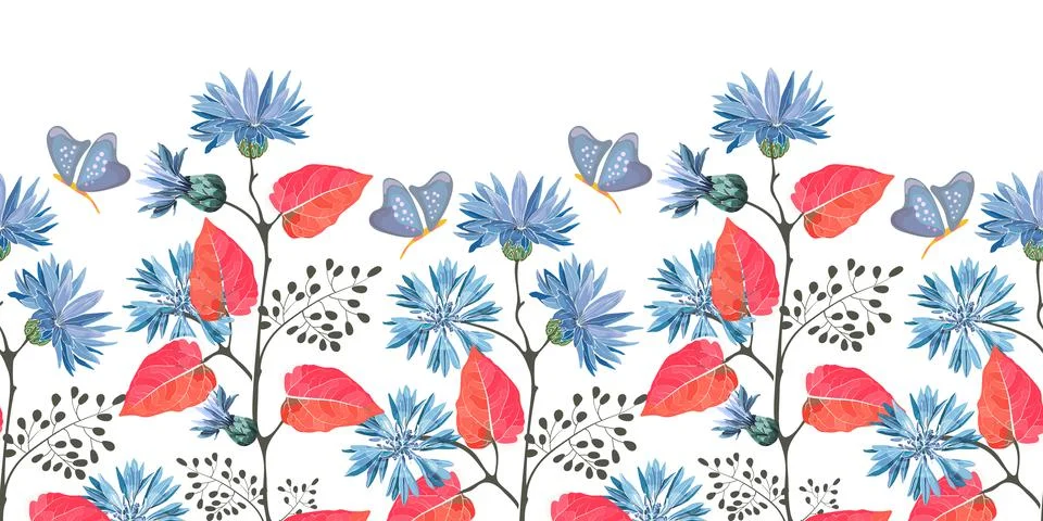 Art floral vector seamless pattern, border. Blue flowering cornflower, Centaurea 스톡 일러스트