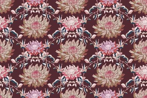 Art floral vector seamless pattern. Autumn aster flowers, chrysanthemums. Stock Illustration